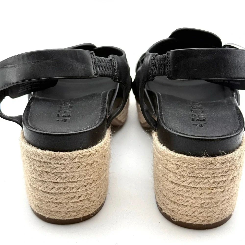 Aerosoles Chatham Wedge Sandals Womens 9.5 Black Leather Espadrille Platform